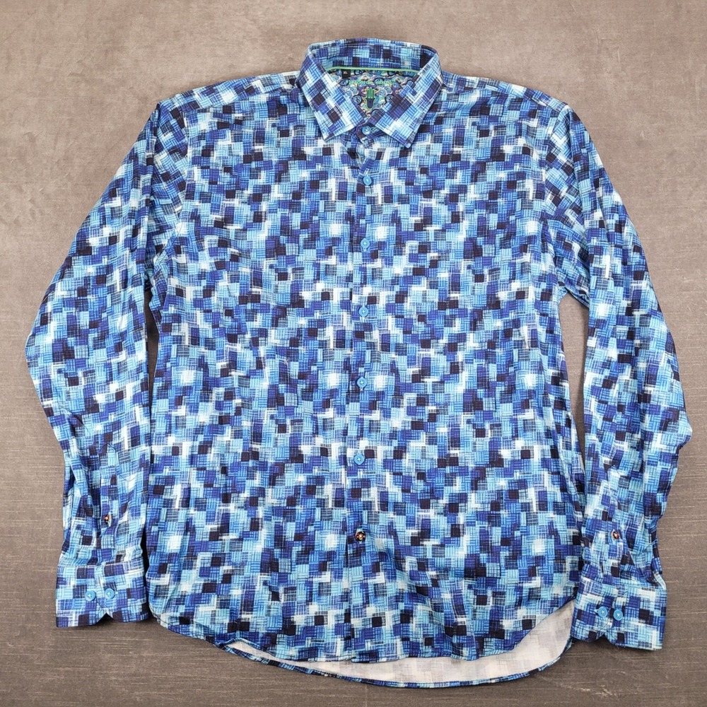 Visconti‎ Black Mens XL Blue Geometric Mosaic Digital Print Button Down Shirt
